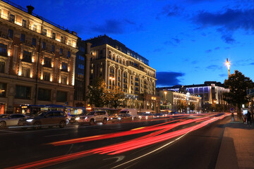 Fototapeta na wymiar Moscow night city landscape with neon lights