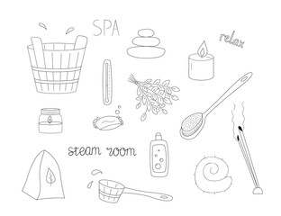 A set of objects for spa, steam room and aromatherapy.Contour black and white isolated illustration in doodle style on white background.
