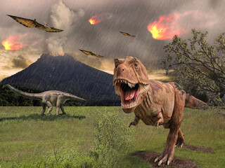 Dinosaurier flieht vor Vulkanausbruch und Meteoriteneinschlag - Eiszeit - Ende der Dinosaurier