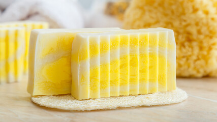 Natural handmade soap bars. Fragrant soap bars for spa treatments with loofah sponge, natural sea...