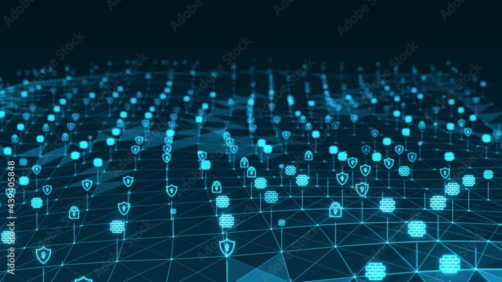 Poster motion graphic of blue futuristic security icon and line linked network connection technology abstra