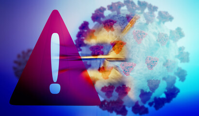 warning symbol and Coronavirus 3d-illustration background