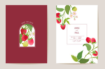 Wedding raspberry floral vector card, berry fruits, flowers, leaves invitation. Watercolor template frame