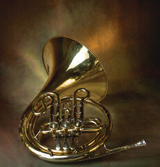 french horn on black, as background, card, frame, banner, music theme