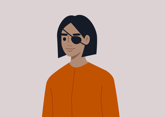A portrait of a young female character wearing a medical black eye patch