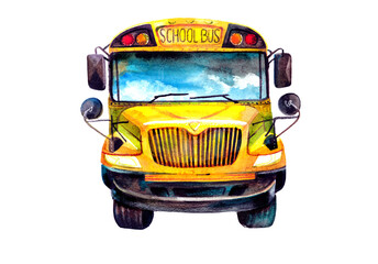 Cute school bus isolated on white background. Watercolour. Pastel. Colored pencils .Postcard. Print. Wallpaper. Application. Calendar. Decor.