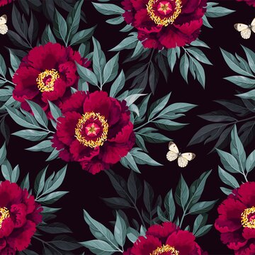 Vector seamless pattern with white tree peony