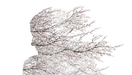 Silhouette of woman made of blooming tree branches on white background