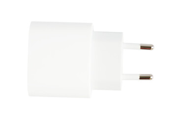 Top view of black phone AC charger and USB cable on white background