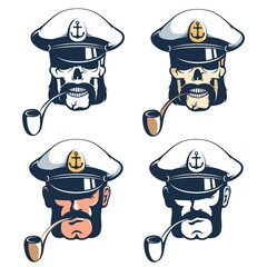 Ship captain head with pipe. Captain skull pirate vector illustration set - obrazy, fototapety, plakaty