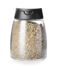 Jar with dried herbs on white background