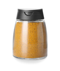 Jar with turmeric powder on white background
