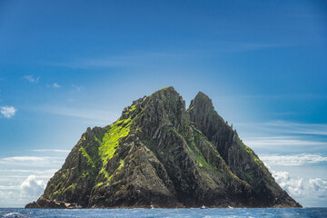 Twin peaks of Skellig Michael island with St. Fionans Monastery on top. Star Wars film location,...
