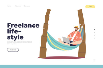 Freelance lifestyle landing page with freelancer guy work on laptop lying in hammock on island