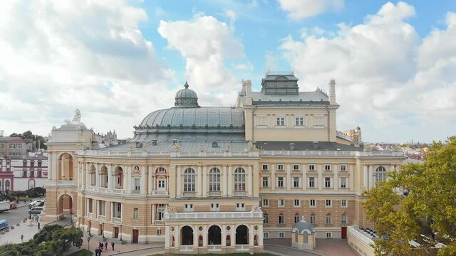 Cityscape, aerial view of Odessa Opera and Ballet Theater and rooftops of old city building