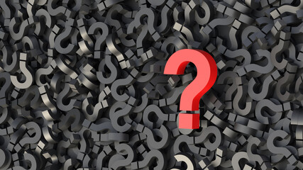 Big red question mark on a background of black signs, FAQ Concept. 3D Rendering.