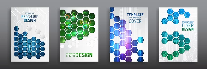 Fotobehang Abstract technology cover with hexagon elements. High tech brochure design concept. Futuristic business layout. Digital poster templates. © arthead