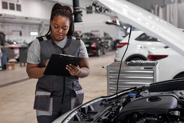Afro Female mechanic engineer holding checklist paper and taking notes on clipboard, african woman is standing next to car engine hood, wearing uniform overalls. side view portrait