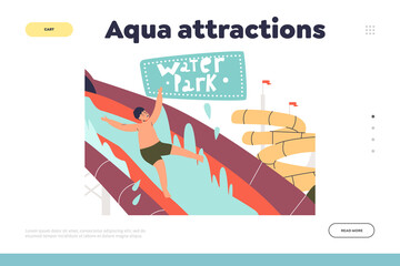 Aqua attraction in water park concept of landing page with kid in waterpark sliding waterslide