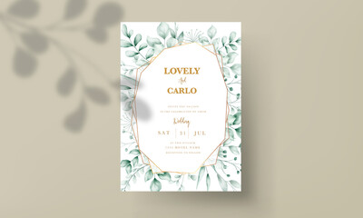 Wedding invitation card with beautiful hand drawn watercolor leaves