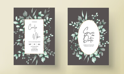 Wedding invitation card with beautiful hand drawn watercolor leaves