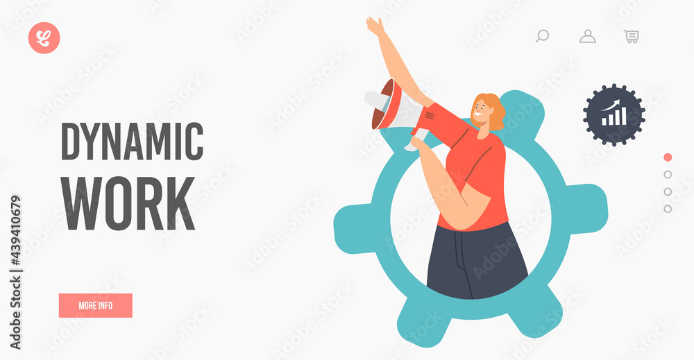 Poster dynamic work landing page template. business mechanism, working routine process. woman with loudspea