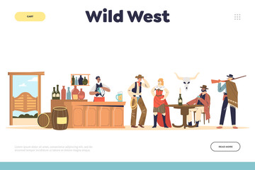 Wild west concept of landing page with cowboy and country people in bar dressed in western clothes