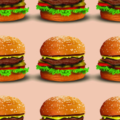 Realistic burger vector seamless pattern illustration. Classic american hamburger fast food vector
