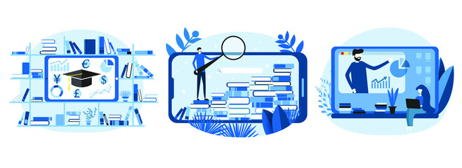Set of flat illustrations online learning, data analysis and information retrieval. Vector icons for website development