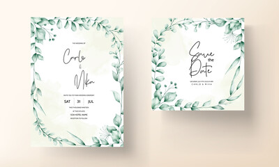 Wedding invitation card with beautiful hand drawn watercolor leaves