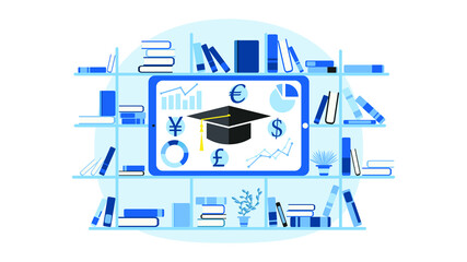 Financial literacy education concept. Shelf with books, tablet and currency signs