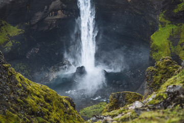 Haifoss waterfall in Iceland - one of the highest waterfall in Iceland, popular tourist destination.
