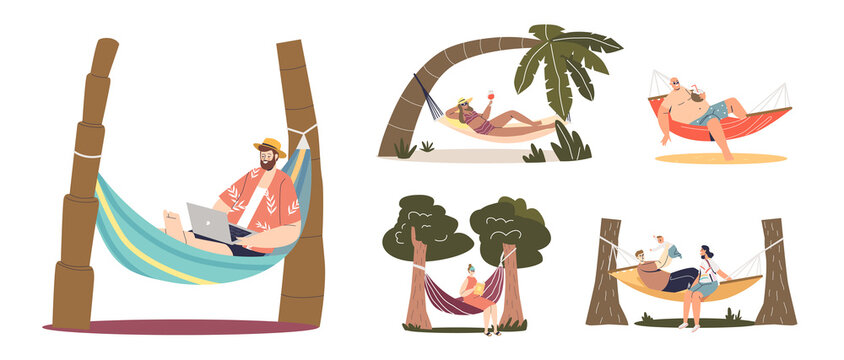 People in hammock: set of cartoon characters relax, rest, read, drink cocktails or work outdoors