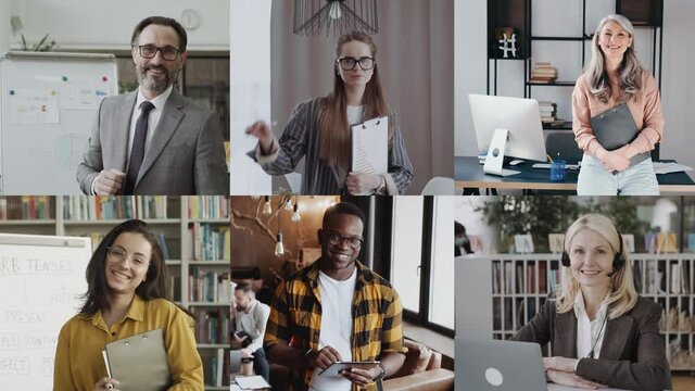 Happy successful young and mature businesspeople portrait set. Smiling men and women of different ages and races multiple shot collage. Business people concept