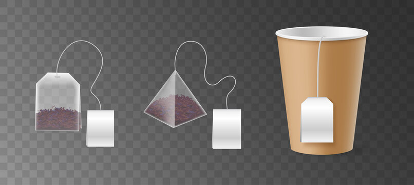Whole leaves karkade tea in silky nylon realistic teabags and disposable paper cup with blank tags
