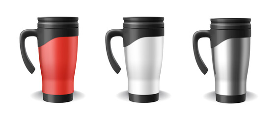 Set of thermo cups realistic blank templates in red, white and silver. 3d travel mug and thermos