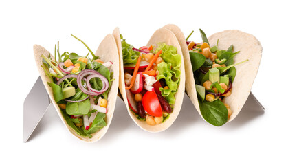 Stand with tasty vegetarian tacos on white background