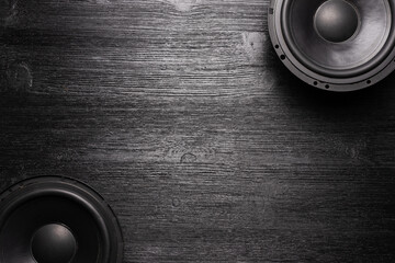 Car audio loudspeaker flat lay background with copy space.