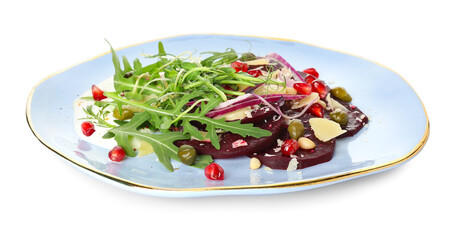 Plate with delicious beetroot carpaccio on white background