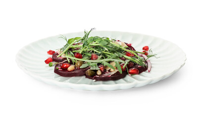 Plate with delicious beetroot carpaccio on white background