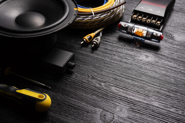 Car stereo audio components background. Car audio system installation background with copy space.