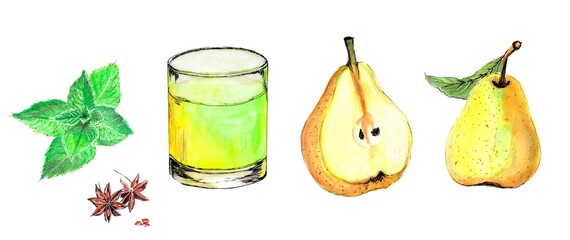 Set of summer juice. Glasses with juice, pear, mint and anise. Watercolor hand painted illustration, isolated, white background