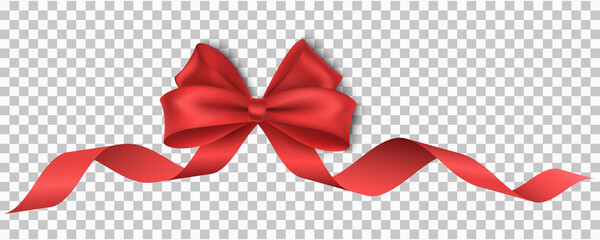 Vector, festive, realistic, red ribbon with bow isolated on transparent background for christmas, new year, party, sale or birthday. Luxury, silk tape. Realistic design element for holiday.