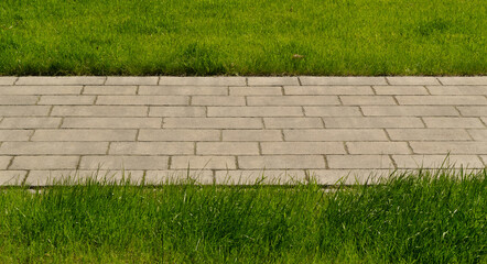 Footpath with grass texture background, paved path pattern