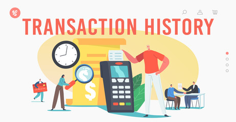 Transaction History Landing Page Template. Tiny Characters Read Bill at Huge Card Reader Machine or Pos Terminal