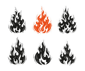 Fire Flames Icons Vector Set. Fire Flame Tattoo Silhouettes Black and White Drawing