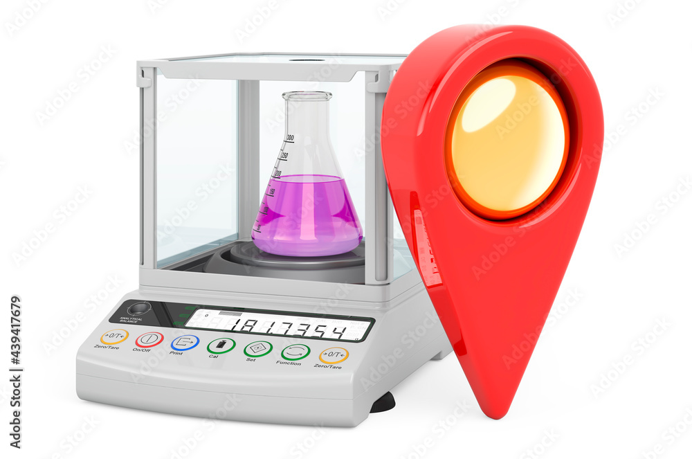 Poster map pointer with analytical balance, digital lab scale. 3d rendering