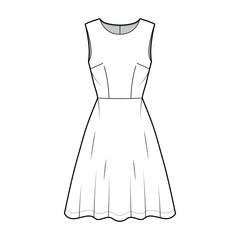Dress flared skater technical fashion illustration with sleeveless, fitted body, knee length semi-circular skirt. Flat apparel front, white color style. Women, men unisex CAD mockup
