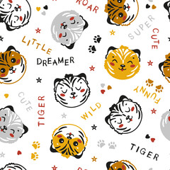 Cute Tigers Vector Seamless Pattern. Childish Background with Little Funny Tiger Heads. Baby Animal Drawing for Tee Print for Kids