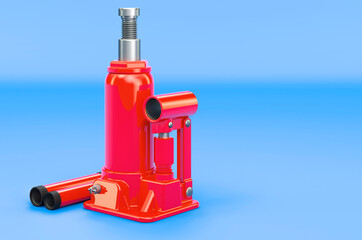 Hydraulic Bottle Jack on blue backdrop, 3D rendering